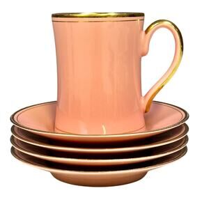 Fitz & Floyd Rare Pavillion Peach Coral Retired 1987-1988 1 Mug and 4 Saucers